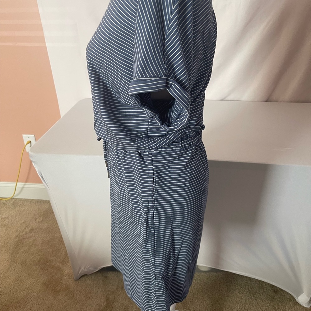 Striped Drawstring Waist Casual Dress - Blue & White - Picture 2 of 3